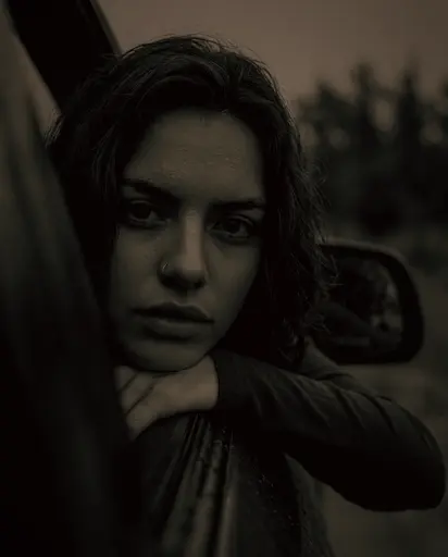 Mujer apoyada en la ventanilla de un coche, mirada directa, tono sepia