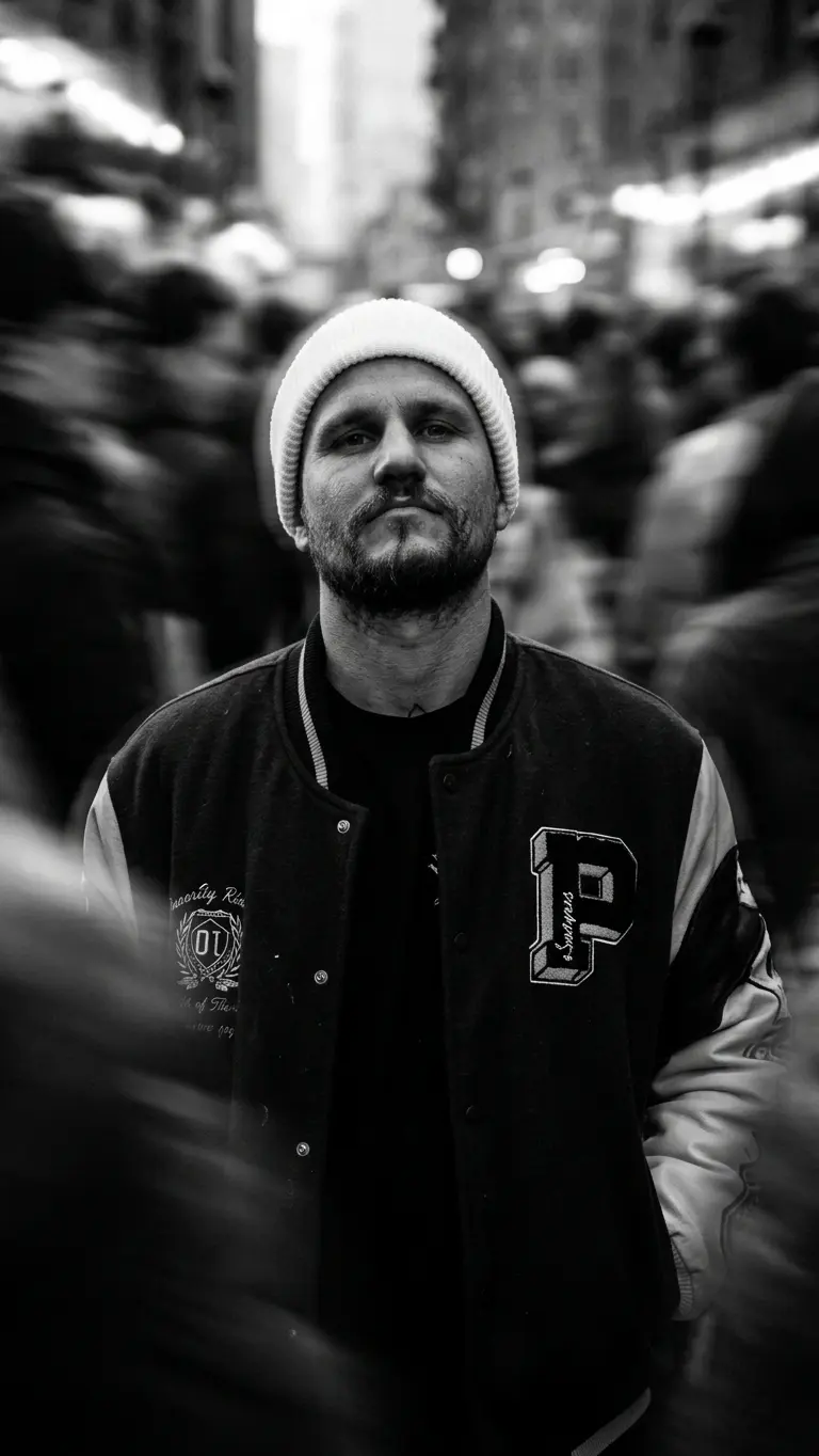 Hombre con gorro y chaqueta universitaria inmóvil entre la multitud, blanco y negro